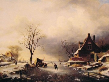  Winter Kunst - Winterszene mit Eisläufern Landschaft Charles Leickert